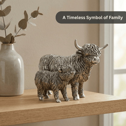 Silver Highland Cow & Calf Statue Ornament Sculpture – Resin Farm Animal Figurine, Country Rustic Home Decor Shelf Display Gift for Family, Mum, Grandma