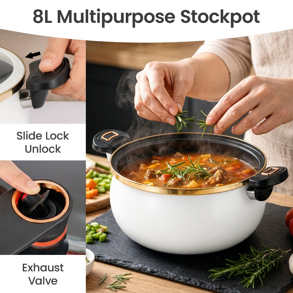 Large Capacity 8L Stew Pot with Lock Lid, Stock Pot for Braising, Soups, Stews, and Bread Baking, Induction Compatible, Oven & Stovetop Safe Kitchen Serving Essential