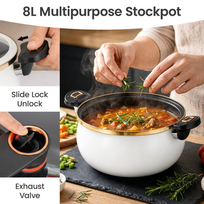 Large Capacity 8L Stew Pot with Lock Lid, Stock Pot for Braising, Soups, Stews, and Bread Baking, Induction Compatible, Oven & Stovetop Safe Kitchen Serving Essential