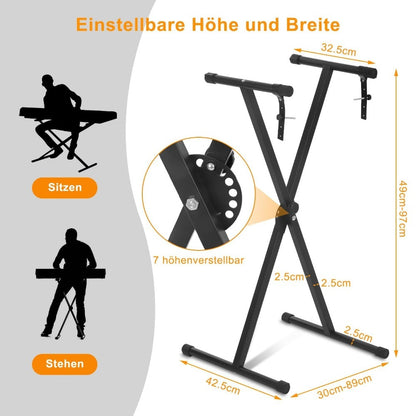 33-97cm Keyboard Stand with Locking Strap Adjustable X Frame Music Piano Keyboard Stand Portable Single Braced Electric Piano Stand with 7 Adjustable Height Positions Holds up to 20kg