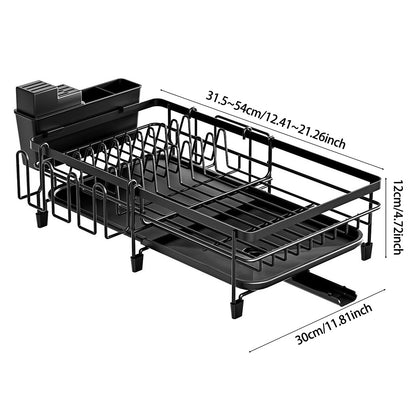 Adjustable Multi-Functional Dish Drainer Rack for the Kitchen, Wrought Iron Kitchen Utensil Rack, Large Capacity Storage Organiser with Drain Board, Utensil Rack, and Cup Hooks, Foldable Design to Save Space, Ideal for Drying Plates, Bowls, Pots, and Uten