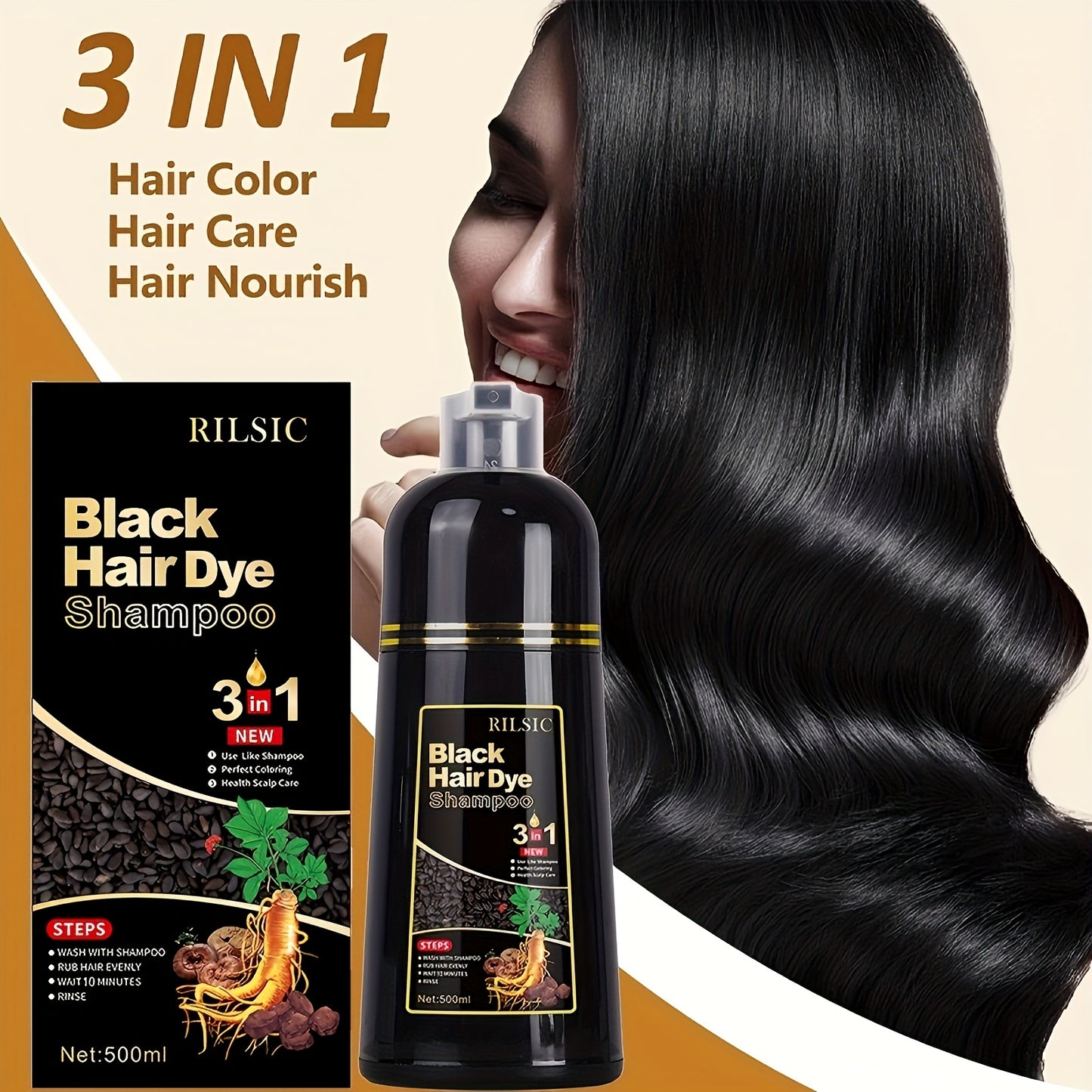 Herbal Hair Dye Shampoo 500ml – 3-in-1 Instant Grey Hair Colour Shampoo for Men & Women, Natural Formula with Gloves & Accessories Kit | ShopVora UK