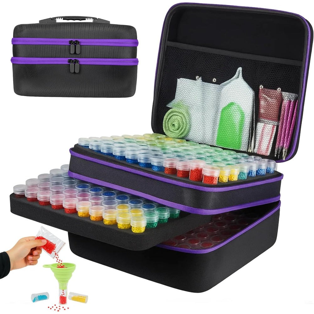 Diamond Painting Storage Box with 60 or 120 Screw-Top Bottles | 282-Piece Accessory Kit with Pens, Trays, Wax & Labels | Portable Diamond Art Organiser Case for Beads & Drills