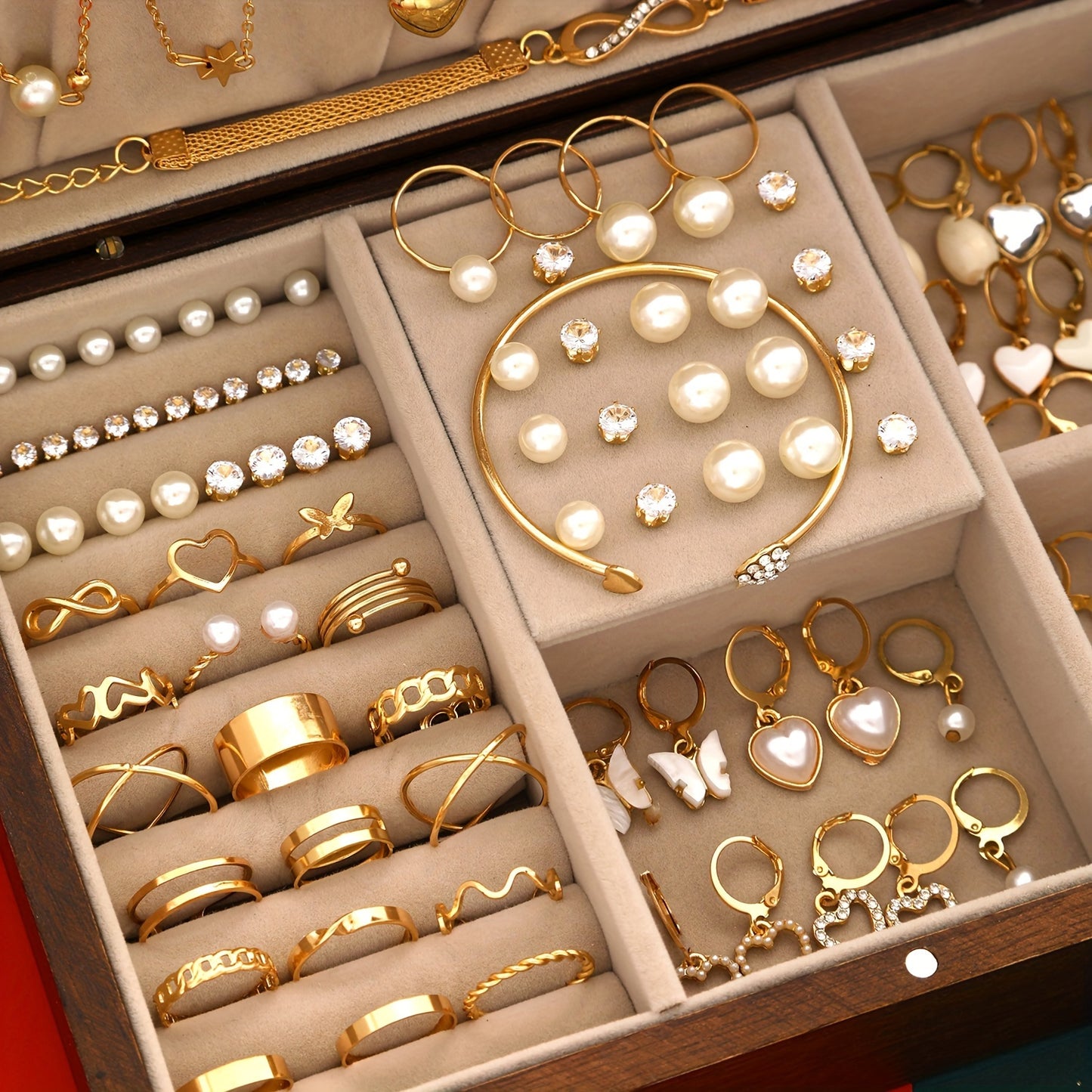 115pcs Fashion Elegant Love Heart Butterfly Necklace Synthetic Zirconia Imitation Pearl Christmas Theme Stud Earrings Hoop Earrings Bracelet Bangle Ring Five-In-One Multi-Piece Jewelry Set Women'S Daily Party Holiday Gift Fashion Jewelry Gift for Gi