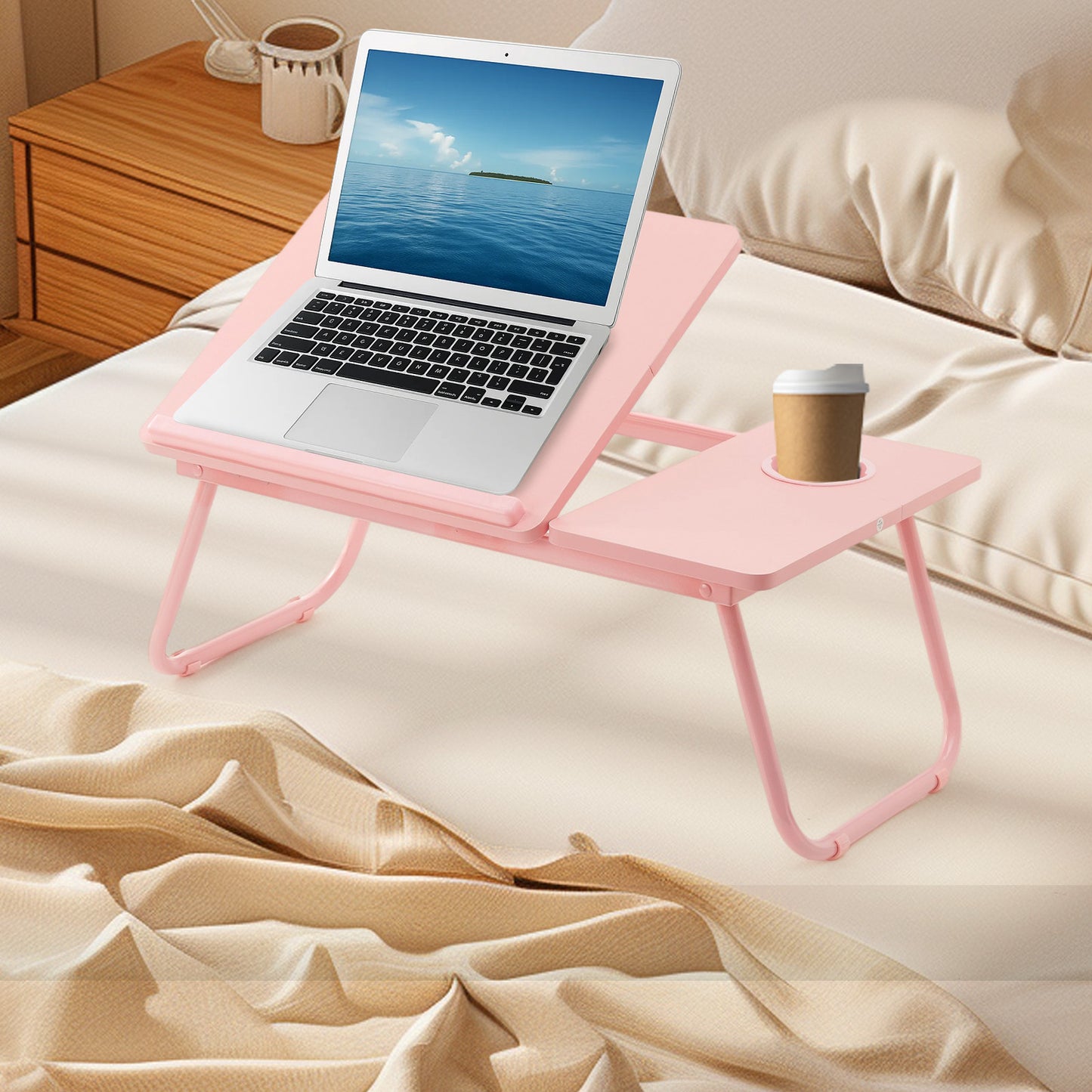 Foldable Laptop Desk, Adjustable Laptop Table with Cup Holder, Portable Bed Tray Table for Working, Reading, Eating, and Studying, Ergonomic Notebook Stand with Non-Slip Design