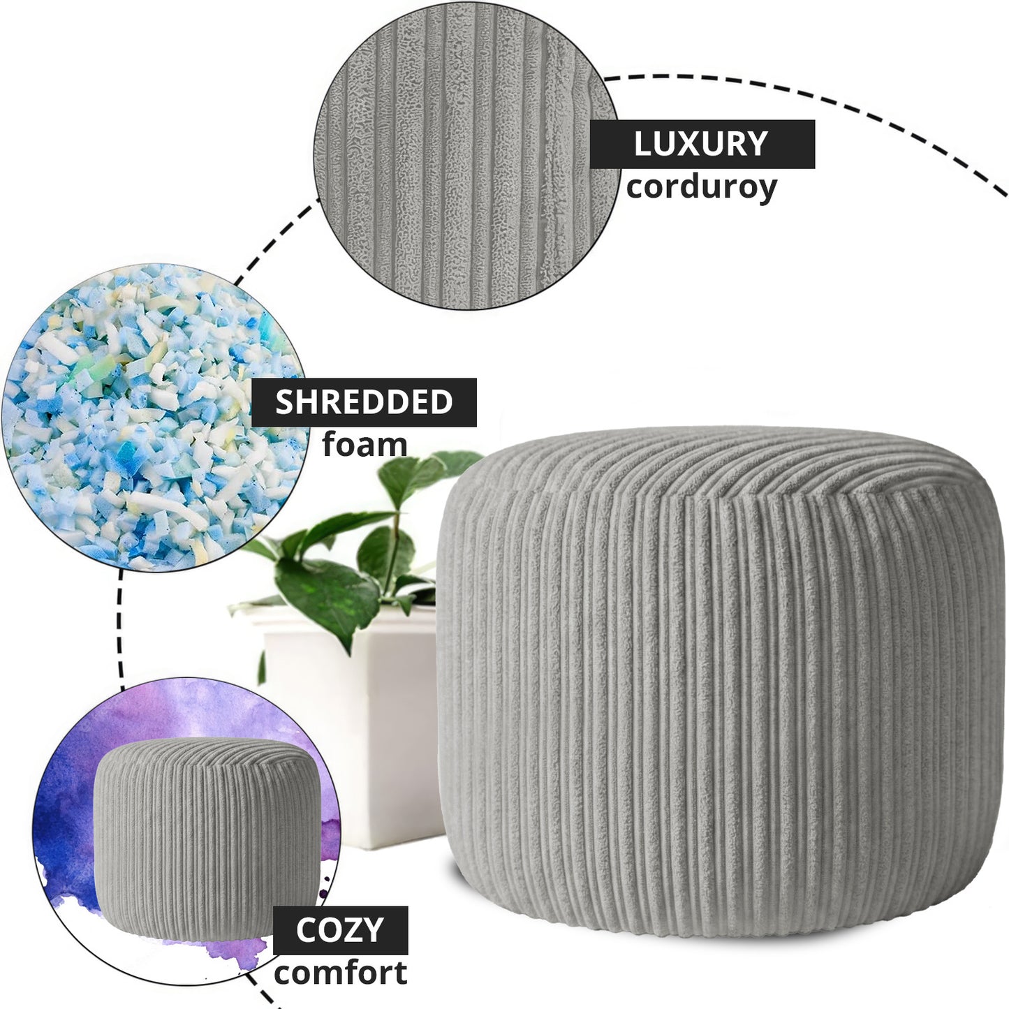 Jumbo Cord Footstool Pouffe, Round Shape Corduroy Bean Bag Ottoman Footrest for Lounge & Bedroom, Durable & Stylish Ergonomic Design