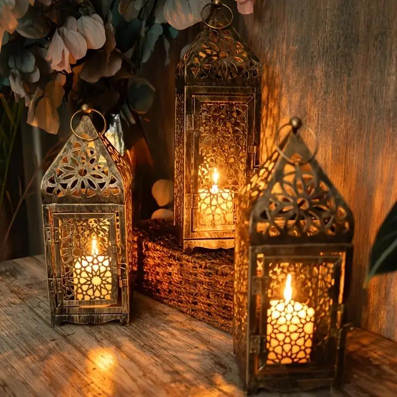 2-Pack Moroccan Style Iron Candle Lantern Holder - Intricate Cut-Out Patterns, Tabletop or Hanging Decor for Wedding, Dining Table, Courtyard, Rustic Elegance with Bakelite Finish (Candles Not Included)