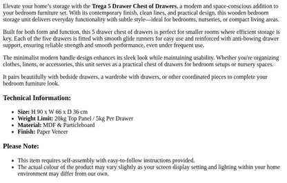 Vida Designs Trega 5 Drawer Chest Of Drawers Space-Saving Storage Smooth Glide Drawers Bedroom Furniture