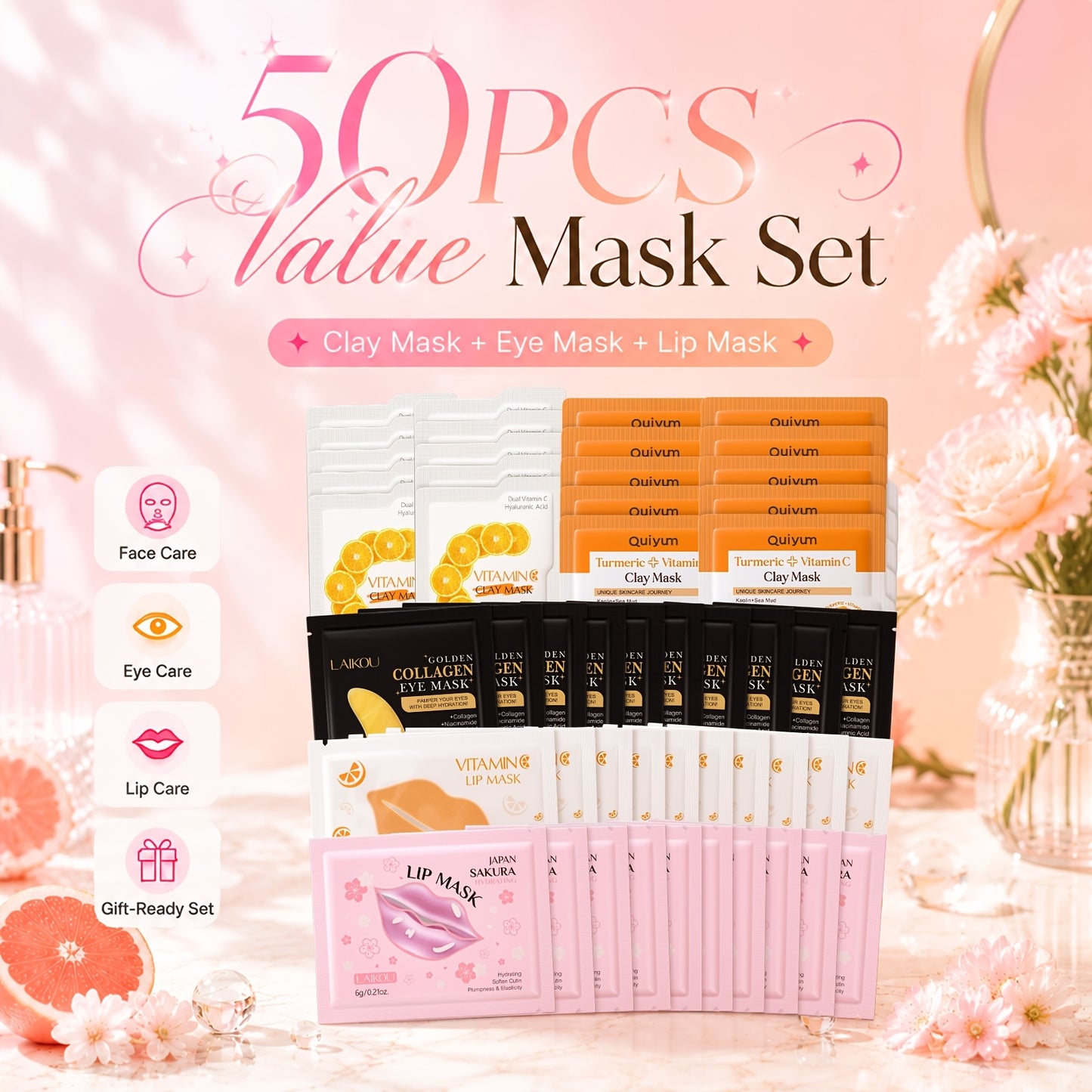 Hydrating Lip Eye & Cleansing Mud Mask 50 Packs, With 10pcs Turmeric & Vitamin C Mud Mask, Sakura Hydrating Lip Mask, Vitamin C Lip Mask, Golden Eye Mask, Birthday Gift Set, For Girlfriend, Sister & Mother