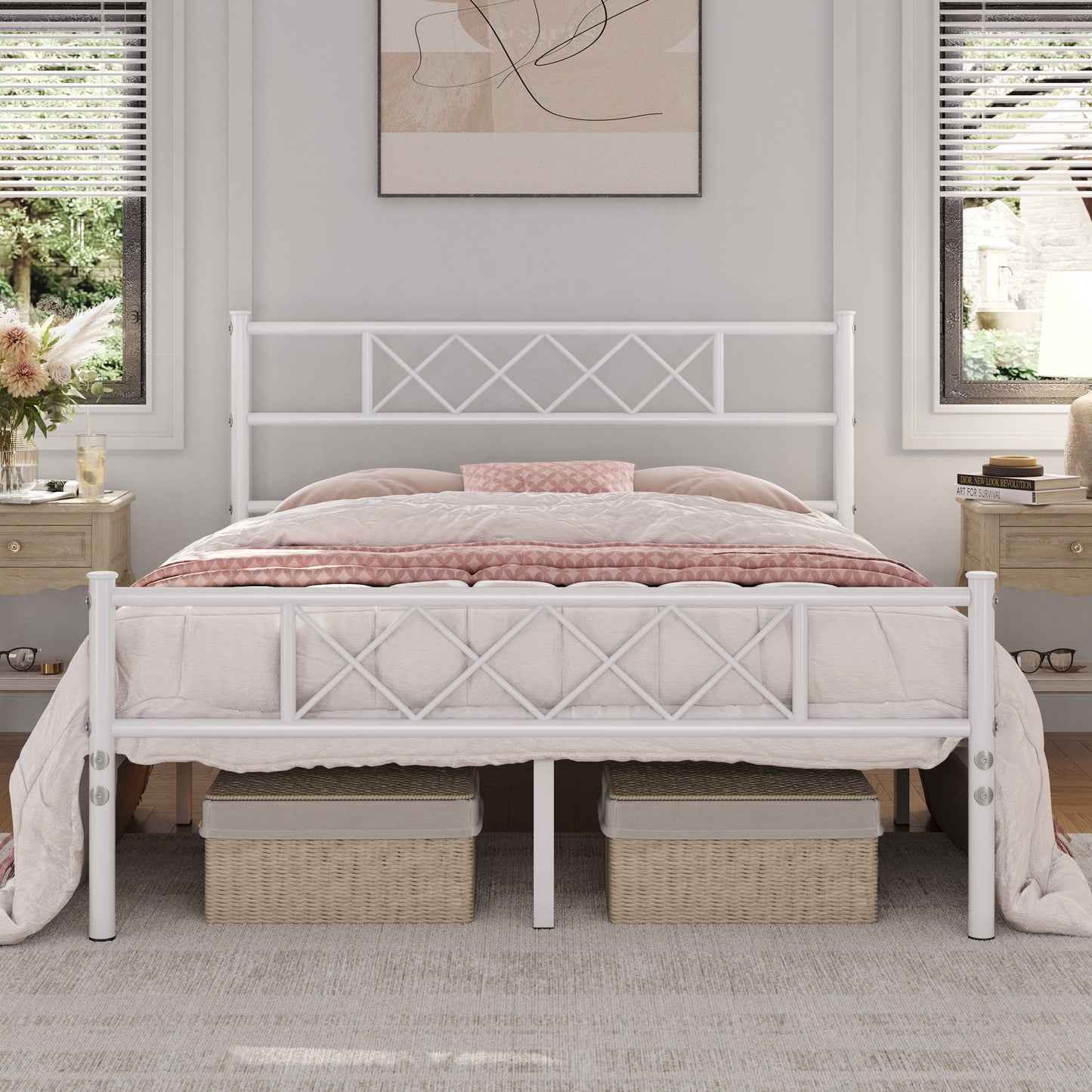 Costoffs Metal Bed Frame Metal-Framed Bed Base with Storage, Bed Foundation for Small Space, Easy Assembly Bed Foundation with Cross-design Headboard and Footboard for Bedrooms, Single/Double/king, Black/White/Pink