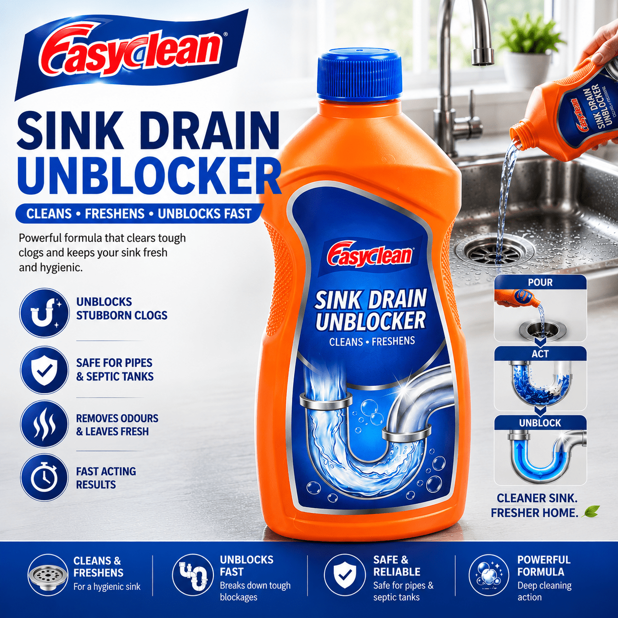 Easyclean Sink & Drain Unblocker – 1 Litre Powerful Pipe & Plughole Cleaner