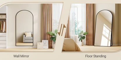 Arched Floor Mirror with Stand | Tempered Glass, Aluminium Alloy Frame, Black, Modern Style, Suitable for Bedroom and Living Room Entry, Vertical Orientation, HZUANERI Brand