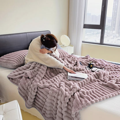 1pc Large Strips Ribbed Throw Blankets | Luxurious 270g Flannel Fleece Blanket | Warm Cozy Blanket Throws For Sofas, Bed, Chair, Couch, Settee | Super Soft Warm Blanket Single Double King Super King Size, Machine Washable, Easy Care, Perfect for Home, Tra