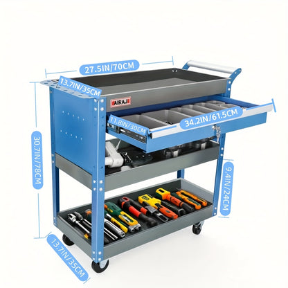 Heavy Duty 3-Tier Rolling Tool Cart With Rubber Wheels, 199.58 KG Capacity Tool Storage Cart, Rolling Tool Cart, Utility Cart For Garage, Warehouse, And Repair Shop, Blue