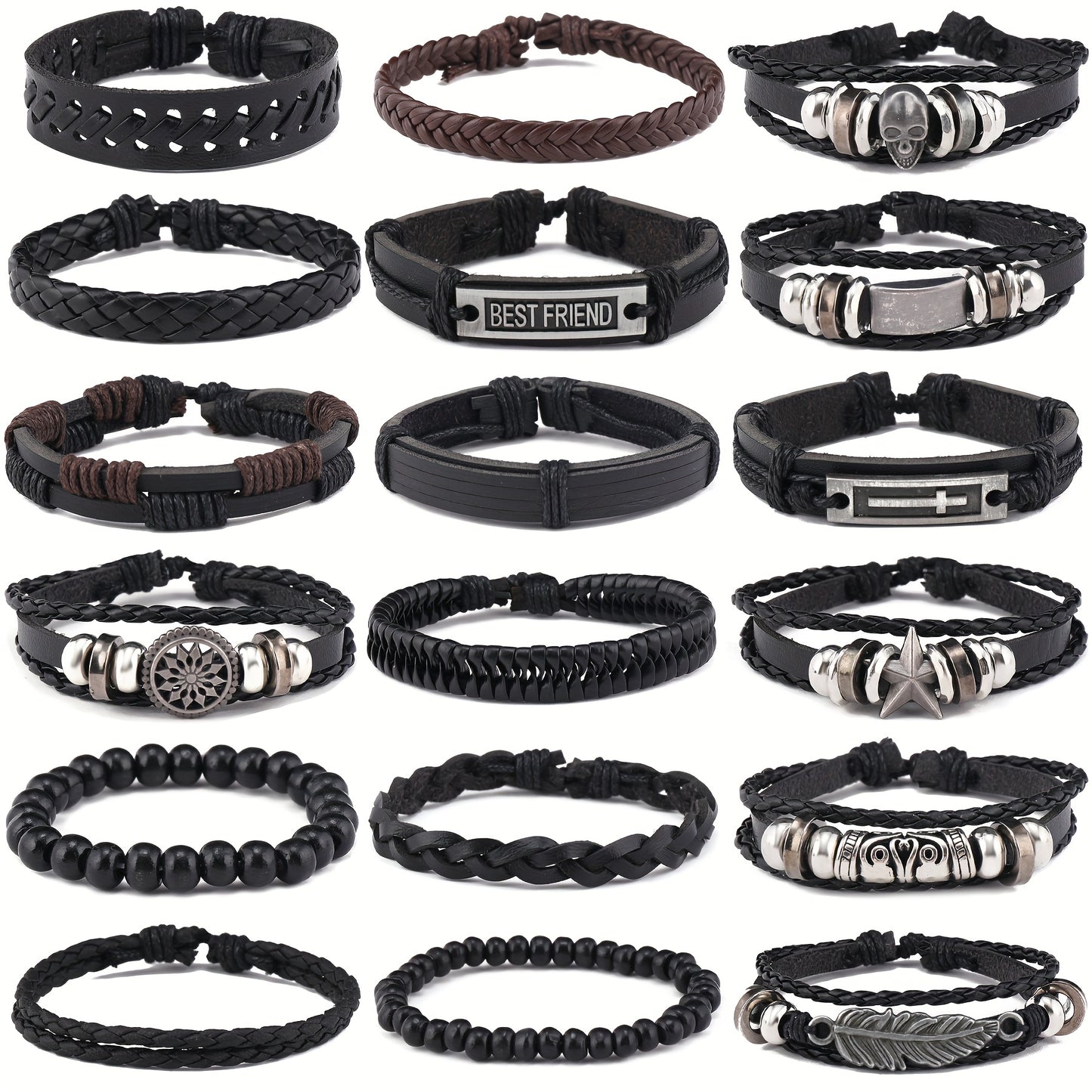 18pcs Vintage Hip Hop Bracelet Set - Punk Style, Faux Leather, Multi-Style Mix & Match Accessories for Men