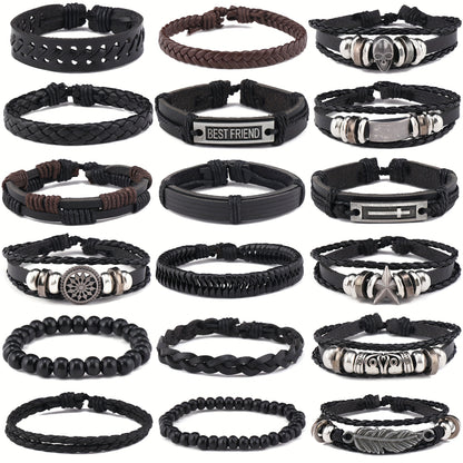 18pcs Vintage Hip Hop Bracelet Set - Punk Style, Faux Leather, Multi-Style Mix & Match Accessories for Men