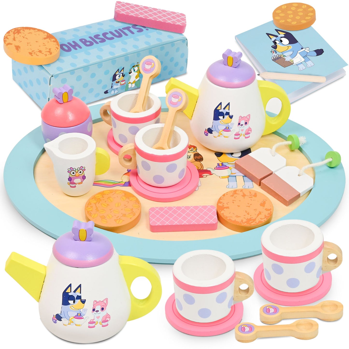 Bluey Wooden Tea Party Set – 18pcs Pretend Play Set with Teapot, Tea Cups, Biscuits, Tray & Notepad – Toy for Kids Aged 3+ – Creative Role-Playing Fun