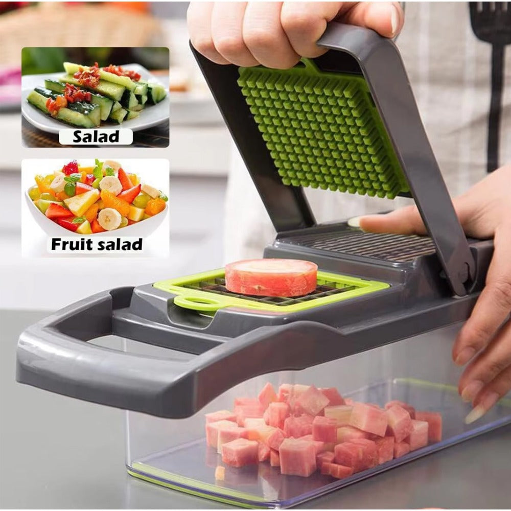 15-in-1 Fruit & Vegetable Grater Set - Kitchen Multi-Tool with 8 Interchangeable Blades (Gray Green) - Includes Dicer/Shredder/Slicer Functions