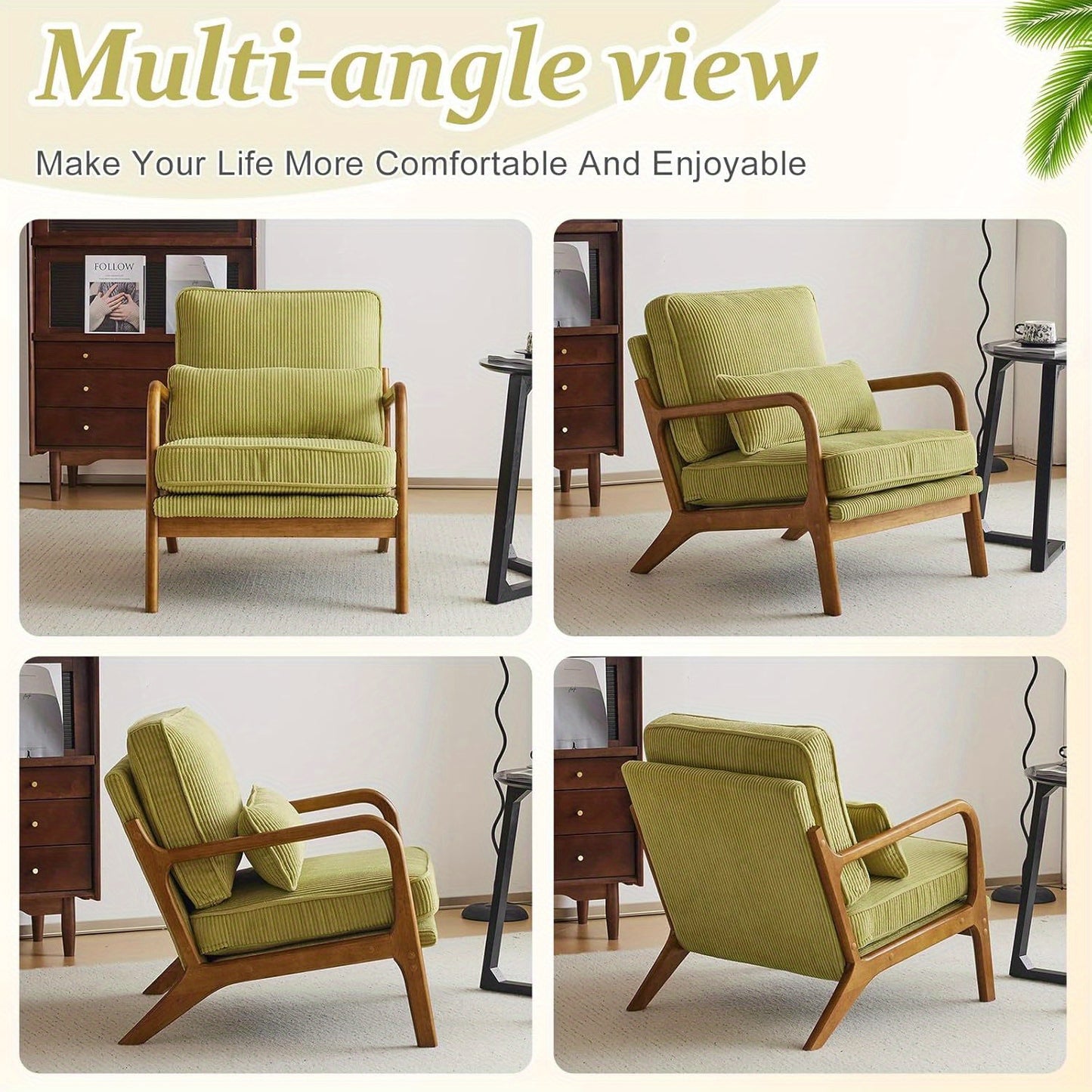 Mid-Century Modern Cloud Accent Armchair with Lumbar Pillow, 16Cm Thick Seat Cushion Cozy Lounge Chair, Wooden Armrests for Bedroom, Living Room, Reading Room