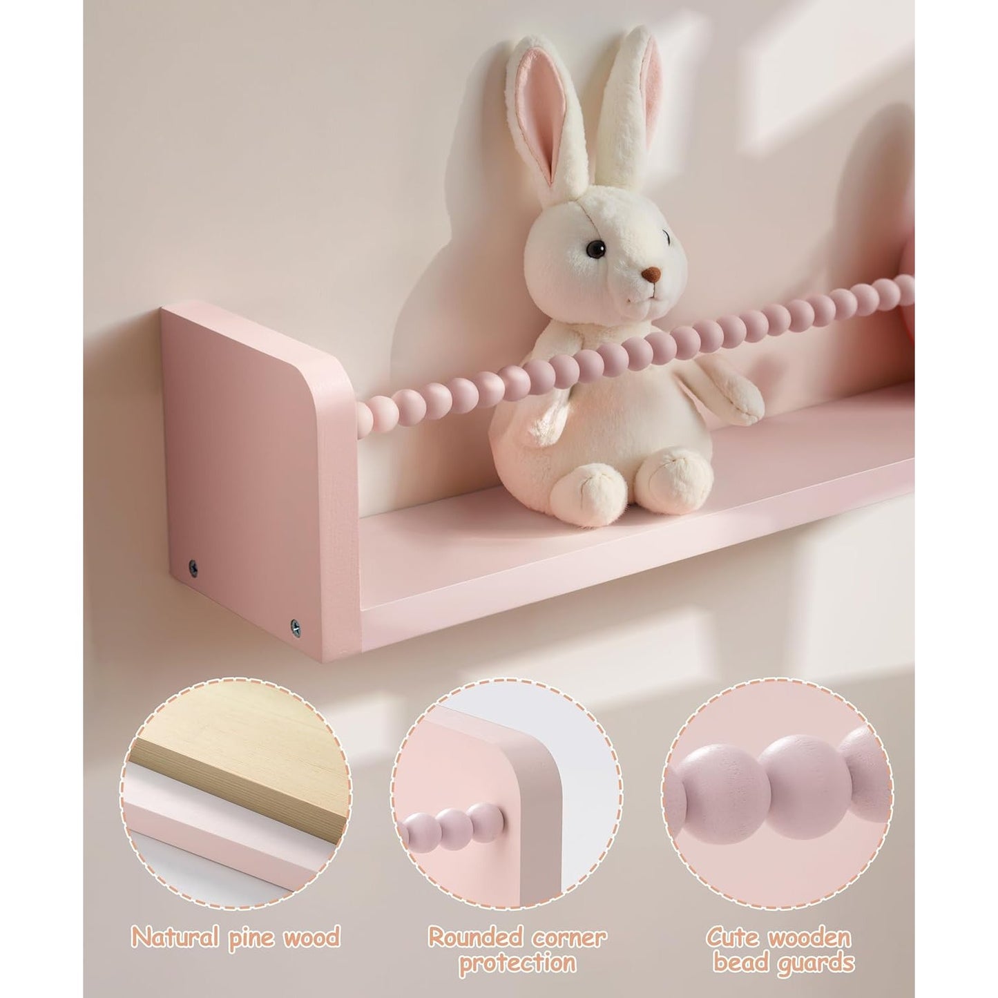 40cm Set of 3 Shelves Floating Book Shelf for Wall, Shelves for Bedroom Bookshelf Pink Room Decor, Solid Wood Small Organizer With Wooden Bead Design