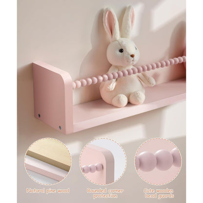 40cm Set of 3 Shelves Floating Book Shelf for Wall, Shelves for Bedroom Bookshelf Pink Room Decor, Solid Wood Small Organizer With Wooden Bead Design