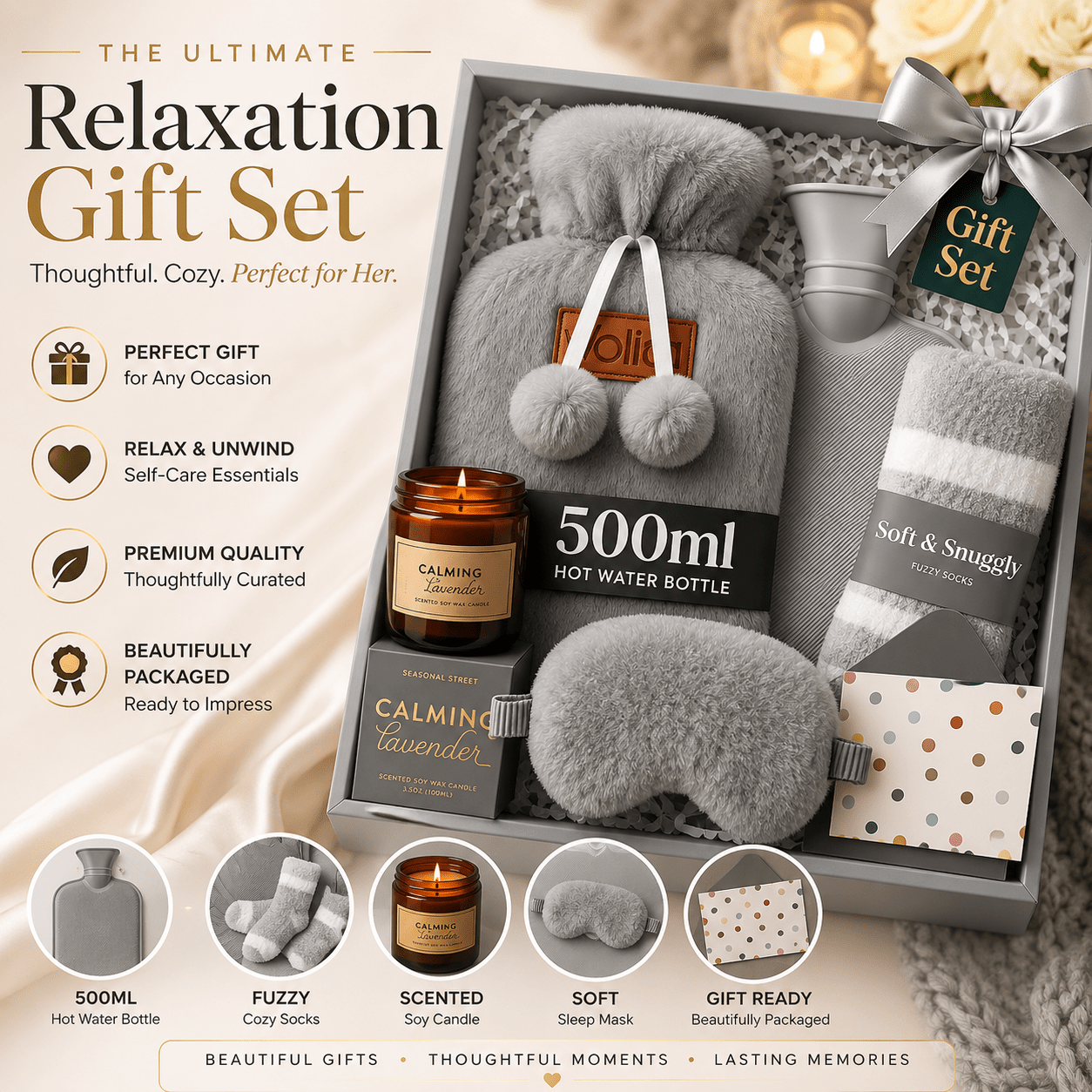 Gift Set for Her - Birthday Pamper Gifts for Women with 500ml Hot Water Bottle, Socks, Candle, Sleep Mask & Best Wishes Card, Self Care Box, Gifts for Mum, Mother's Day Gift Set