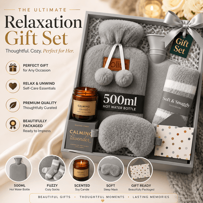 Gift Set for Her - Birthday Pamper Gifts for Women with 500ml Hot Water Bottle, Socks, Candle, Sleep Mask & Best Wishes Card, Self Care Box, Gifts for Mum, Mother's Day Gift Set