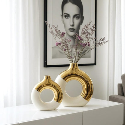 Ceramic Donut Vase Set 2pcs Gold White Glazed Bohemian Table Decor for Living Room & Wedding Centerpiece