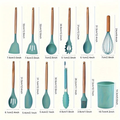 Silicone Kitchen Utensils Set with Holder 12pcs Cooking Utensils Set with Wooden Handle Heat Resistant Kitchen Gadgets Utensil Set Kitchen Additions