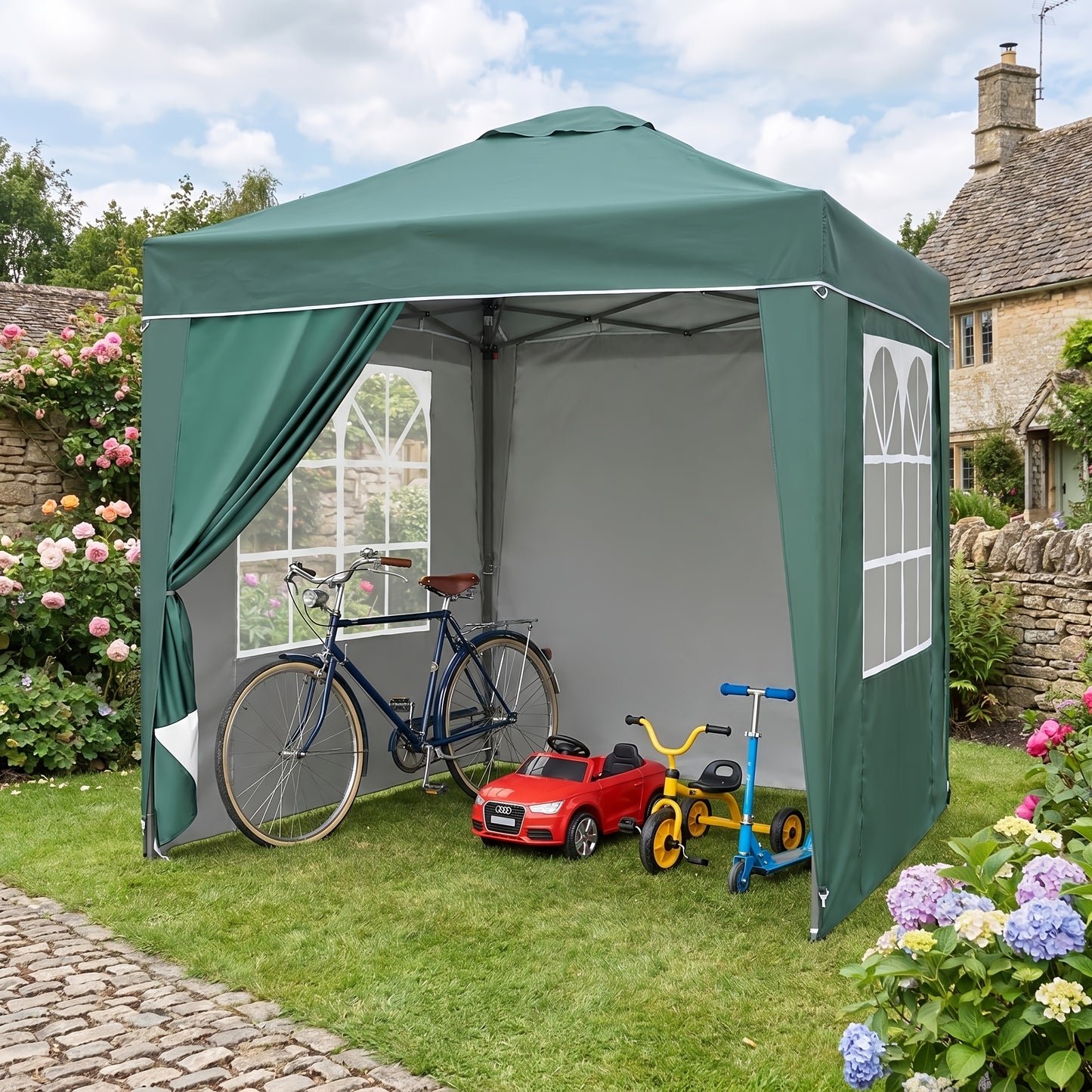 2x2m/3x3m Folding Garden Carport with Sidewalls, Heavy Duty Outdoor Canopy Tent with 3 Height Settings, UV50 for Car, Truck, Boat, Bike, Temporary And Removable(Grey, Green, Blue, Beige)