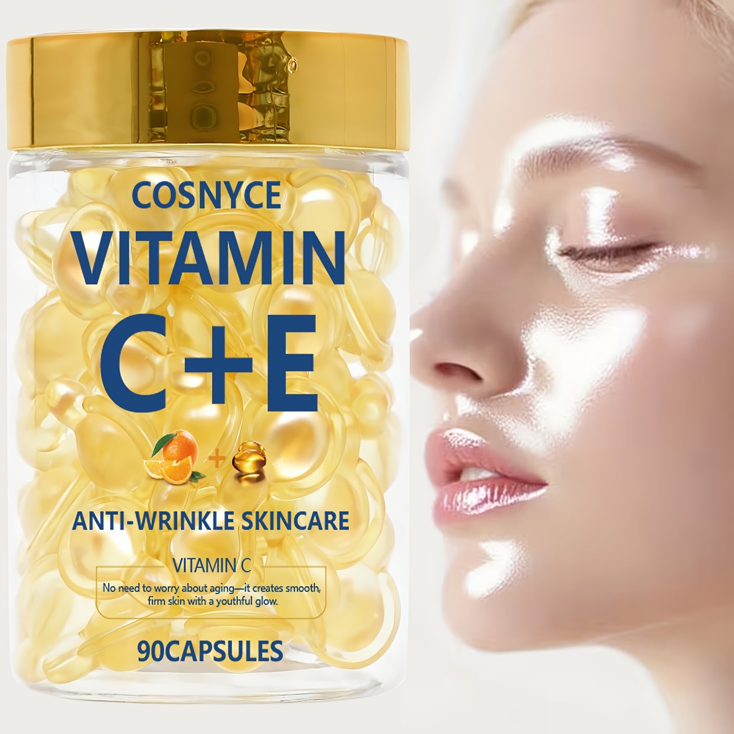 COSNYCE Vitamin C+E Skincare Essence Capsules 90pcs with Vitamin C, Vitamin E, Collagen Moisturizer, Lifts Facial Drops, Nutrient Boost, Smooth & Hydrated, Light Care, Daily Skincare Routine | Travel-Friendly Skincare | Dropper Applicator