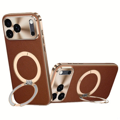 Phone Case - High-Quality Togo Real Leather Phone Case with Electroplating for Iphone 17, 16, And 15 Pro Max, Featuring Wireless Charging And a Magnetic Stand