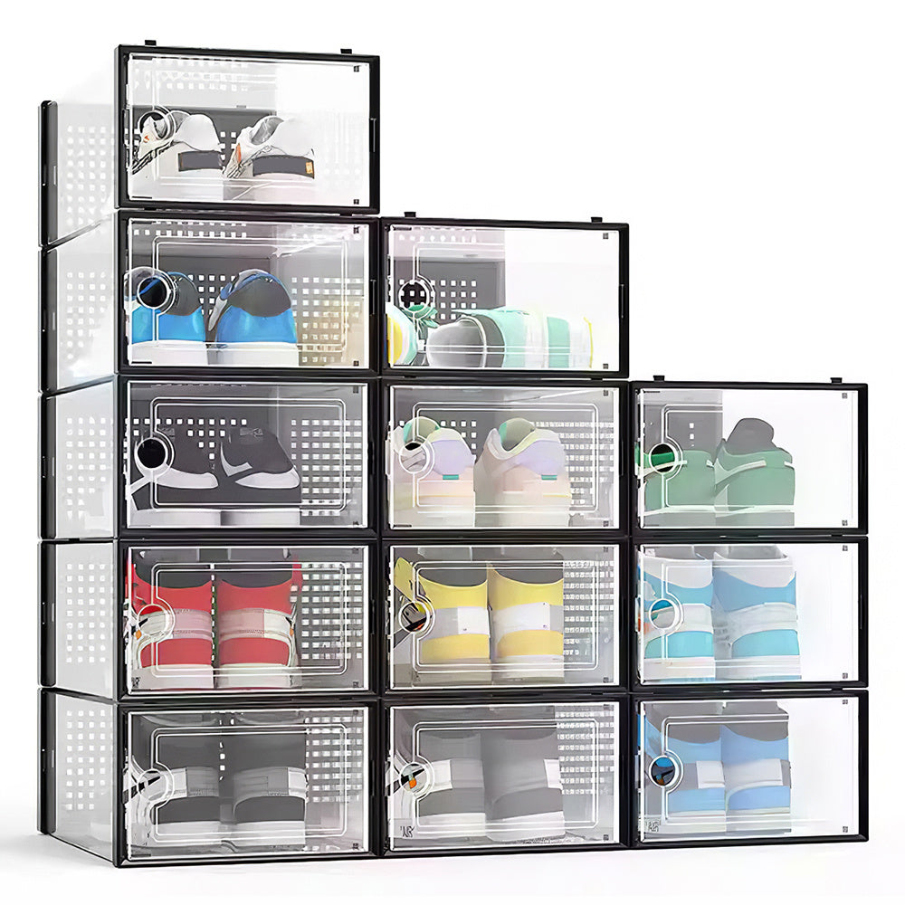 Pack of 12 Stackable Shoe Organizers Shoe Storage Boxes with Dustproof Doors, Large Shoe Boxes Transparent Foldable Shoe Storage Cabinet, Portable Space-saving Shoe Box, Under Bed Shoe Containers, Versatile Footwear Containers Holder for Entryway, Closet,
