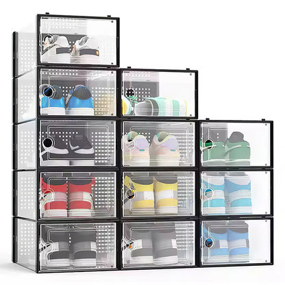 Pack of 12 Stackable Shoe Organizers Shoe Storage Boxes with Dustproof Doors, Large Shoe Boxes Transparent Foldable Shoe Storage Cabinet, Portable Space-saving Shoe Box, Under Bed Shoe Containers, Versatile Footwear Containers Holder for Entryway, Closet,