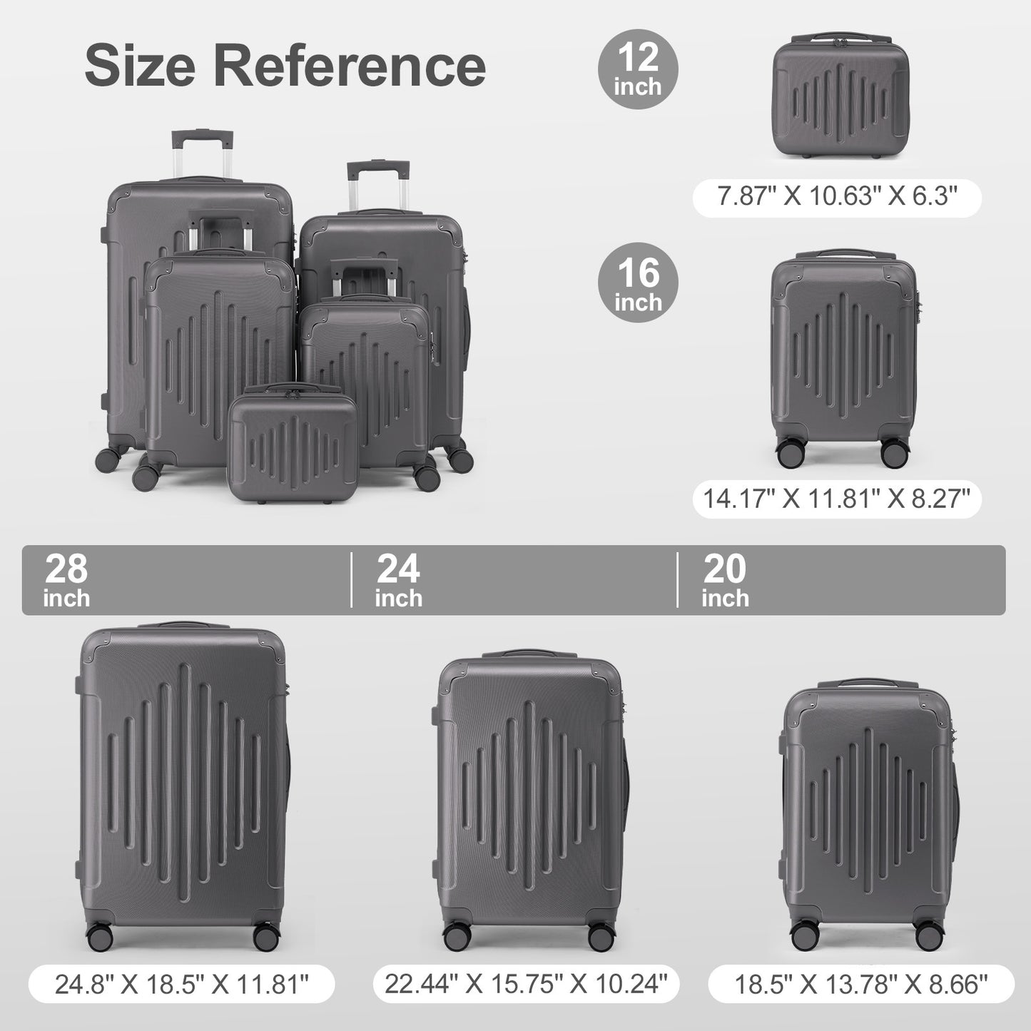 5pcs Luggage with Corner Protectors, 12/ 16/ 20/ 24/ 28-Inch, Durable Hard Shell, 360 Spinner Wheels, Multifunctional Large Capacity, Lightweight Travel Suitcase