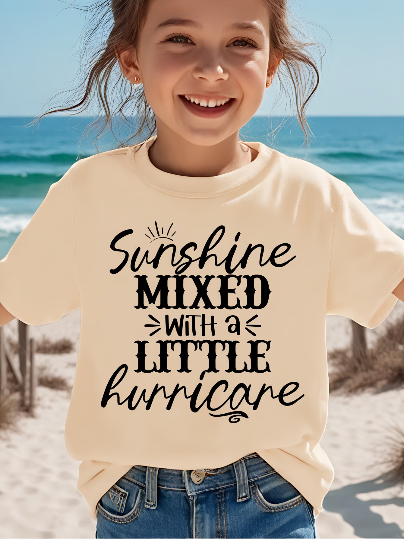 Girl Sunshine MIXED with a LITTLE Hurricane Simple Letter Print Short Sleeve Casual Versatile T-shirt