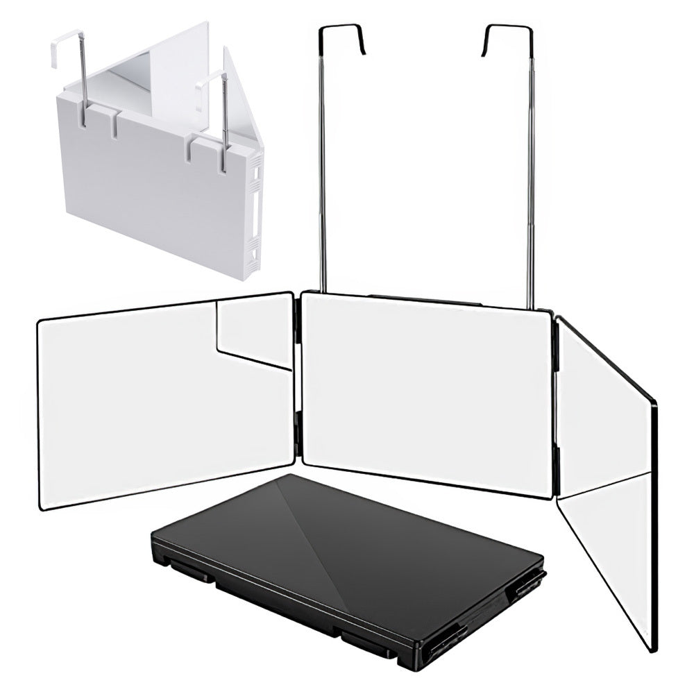 Multi-Functional Tri-Fold Makeup Mirror, Foldable Barbering Tri-Angle Mirror - Height-Adjustable, Hook-Mounted, Foldable, Wall-Mounted, Suitable for Self-Haircutting, Shaving, Grooming, Facial Treatments and Makeup Application