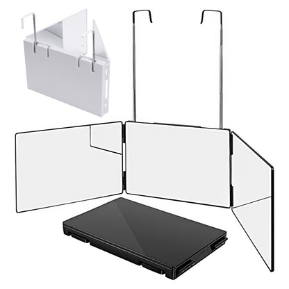 Multi-Functional Tri-Fold Makeup Mirror, Foldable Barbering Tri-Angle Mirror - Height-Adjustable, Hook-Mounted, Foldable, Wall-Mounted, Suitable for Self-Haircutting, Shaving, Grooming, Facial Treatments and Makeup Application