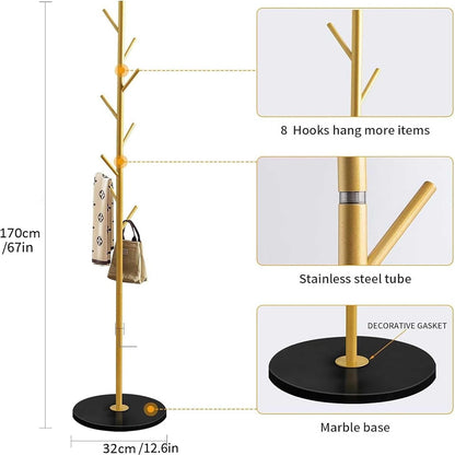 Metal Coat Rack Stand, with Heavy Stable Marble Base, Coat Rack Freestanding, with 8 Hooks for Home Entry- Way Hat Hanger Organizer