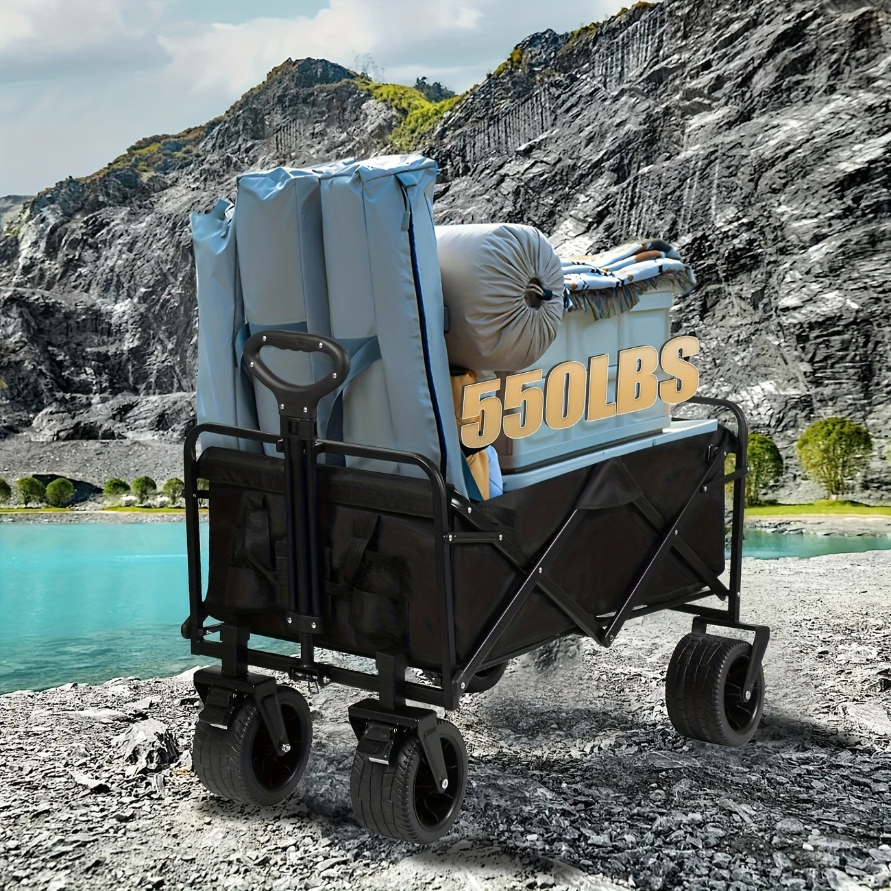 Heavy-Duty 249.48KG Capacity Collapsible Foldable Wagon Cart with All-Terrain Wheels, Stainless Steel Frame & Adjustable Handle - Large Capacity Utility Trolley for Camping, Beach, Gardening, Shopping - Perfect Mother’s Day Gift (Black), Garden Tool Carri