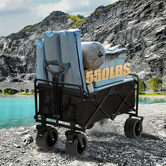 Heavy-Duty 249.48KG Capacity Collapsible Foldable Wagon Cart with All-Terrain Wheels, Stainless Steel Frame & Adjustable Handle - Large Capacity Utility Trolley for Camping, Beach, Gardening, Shopping - Perfect Mother’s Day Gift (Black), Garden Tool Carri