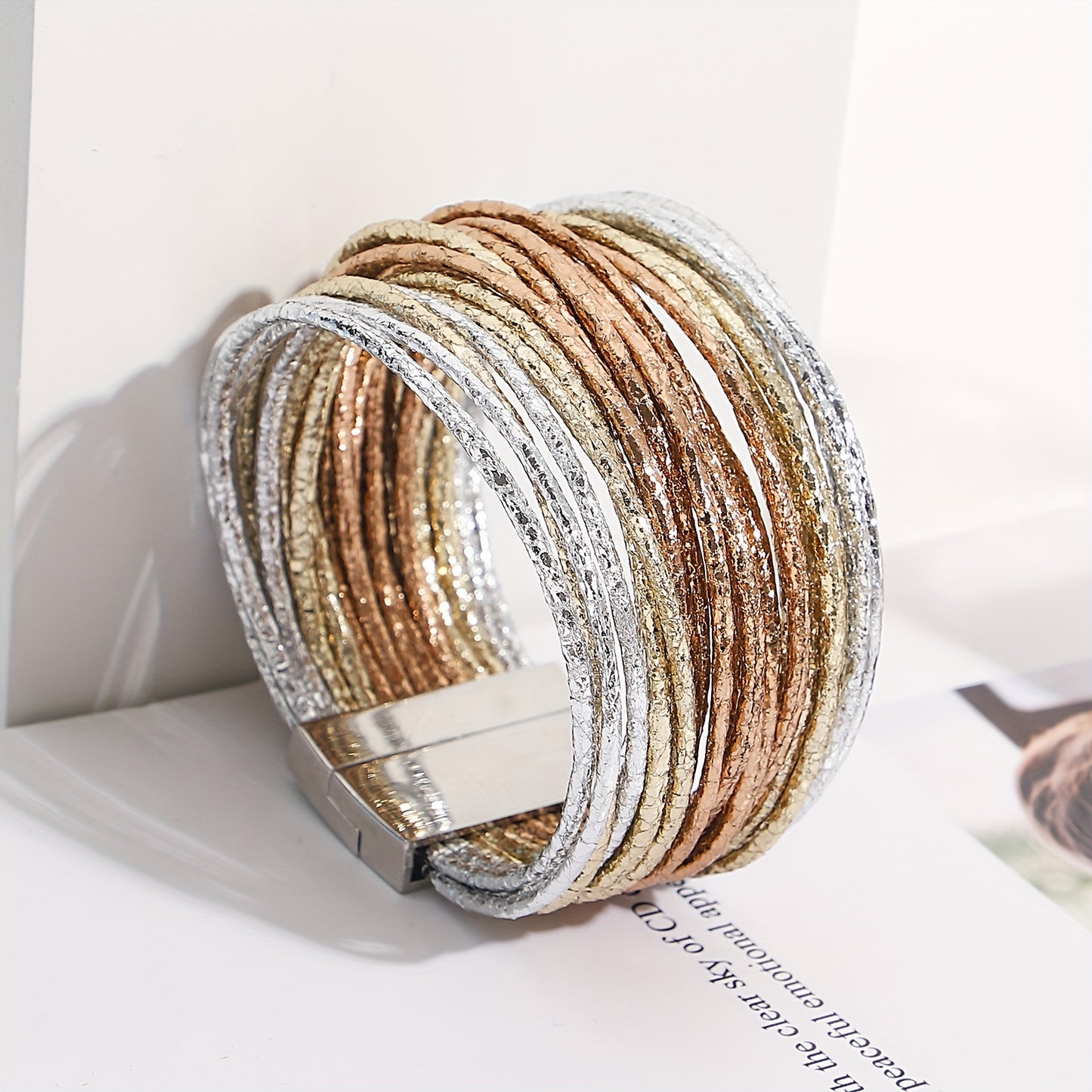 1pc Slim Stripes Wide Multilayer Wrap Bracelet Metallic Shiny Glitter Artificial Leather Cuff with Magnetic Clasp Jewelry for Men Women Holiday Party Birthday Gifts