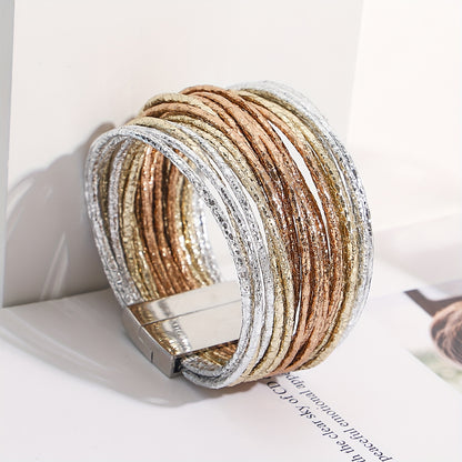 1pc Slim Stripes Wide Multilayer Wrap Bracelet Metallic Shiny Glitter Artificial Leather Cuff with Magnetic Clasp Jewelry for Men Women Holiday Party Birthday Gifts