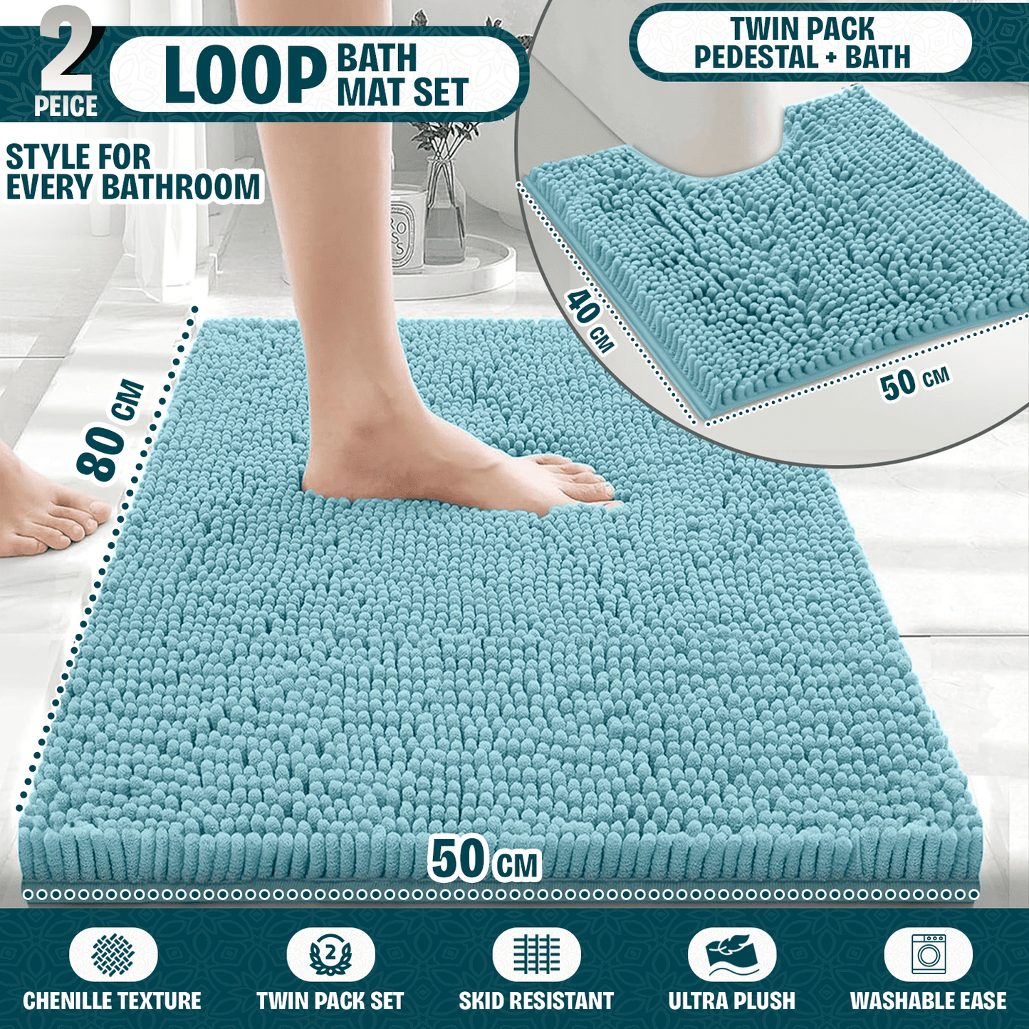 2-Piece Loop Bathroom Mat Set | Soft Chenille Microfiber Rugs with Non-Slip Backing | Machine Washable | Includes 50x80cm Bath Mat & 50x40cm Pedestal Mat | Stylish, Comfy & Durable | UK STOCK | LOCAL WAREHOUSE