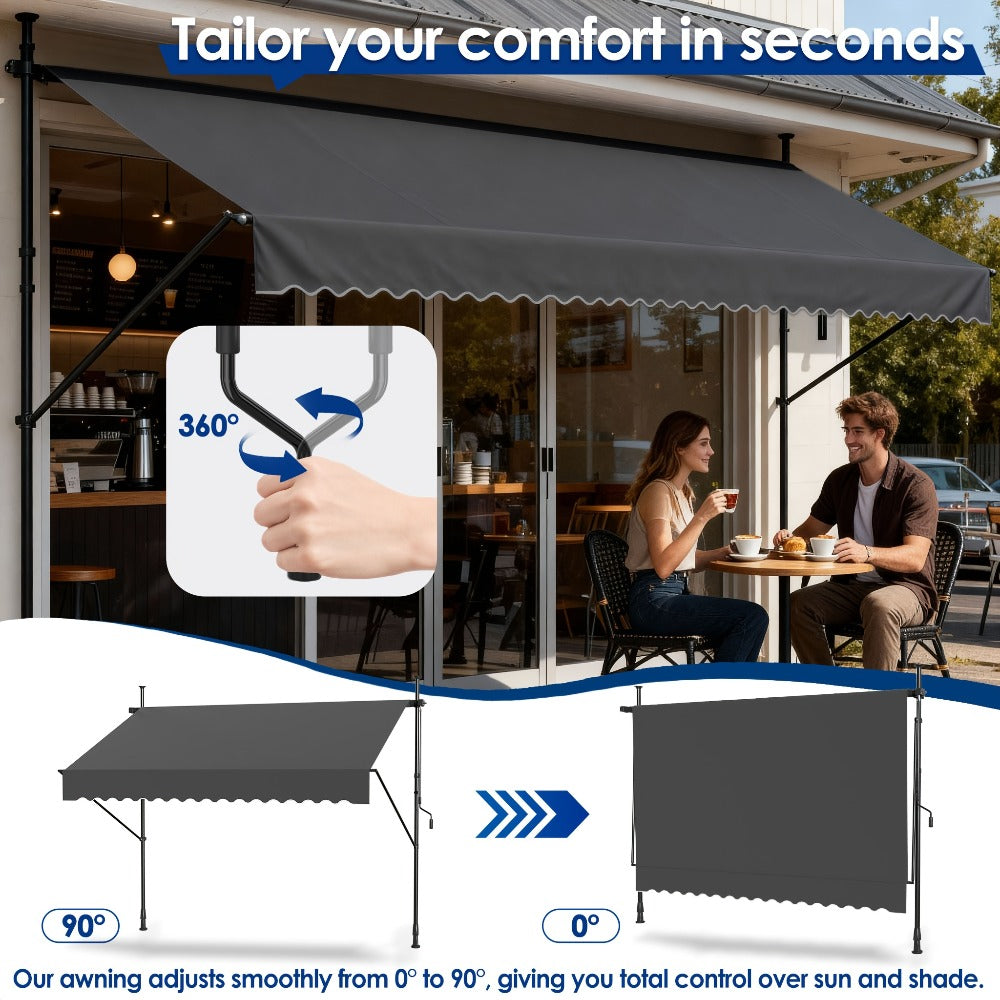 Retractable Awning 200x120cm Hand Crank | No Drilling Clamp Fit | UV Resistant 180g/m² PU Coated | 0-90° Tilt Height 1.75-3m | Patio Balcony Sun Shade | 4 Colours