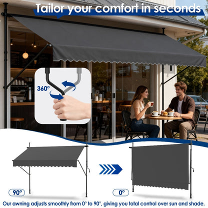 Retractable Awning 200x120cm Hand Crank | No Drilling Clamp Fit | UV Resistant 180g/m² PU Coated | 0-90° Tilt Height 1.75-3m | Patio Balcony Sun Shade | 4 Colours