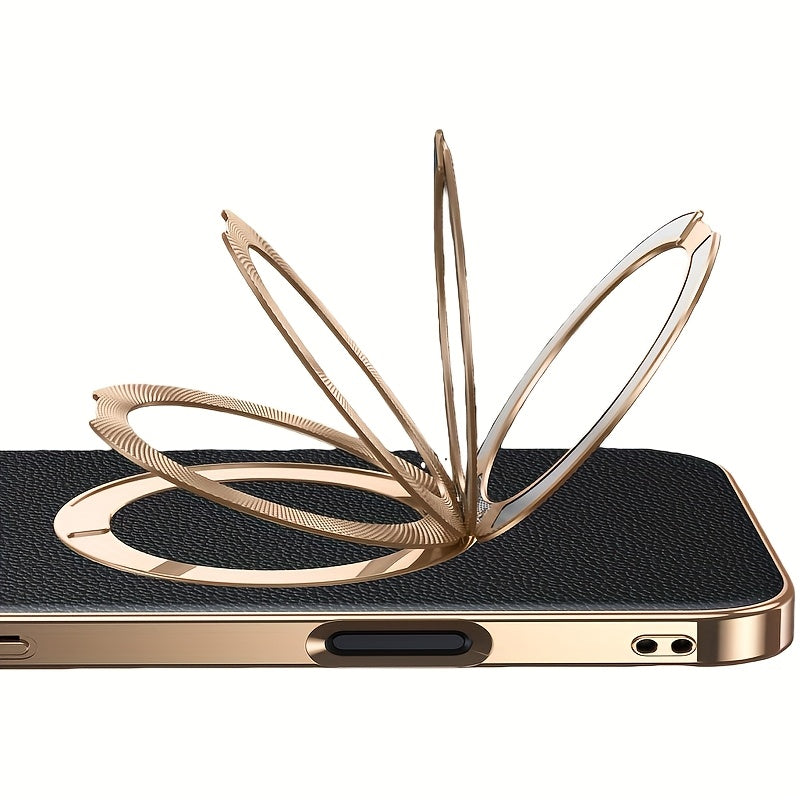Phone Case - High-Quality Togo Real Leather Phone Case with Electroplating for Iphone 17, 16, And 15 Pro Max, Featuring Wireless Charging And a Magnetic Stand