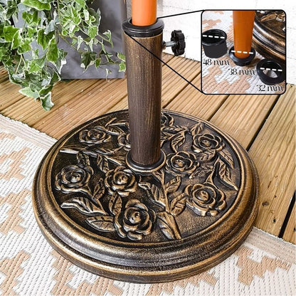 9kg Round Parasol Base Bronze Cast Iron Effect Umbrella Stand, Outdoor Heavy Duty Weight Support with Adjustable Collars & Tightening Knob for Garden, Patio, Lawn & Terrace Furniture, Floral Design, Bronze