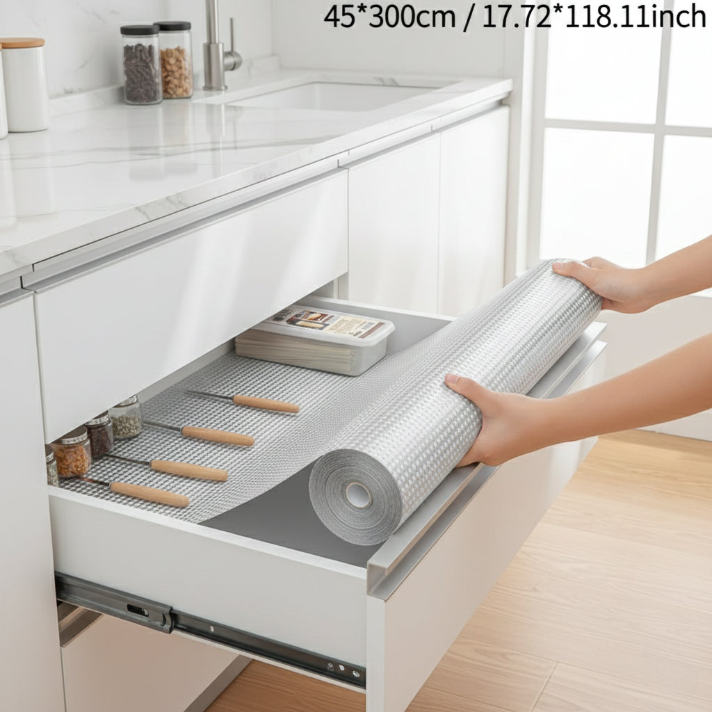 45X300Cm Large Roll EVA Transparent Anti Slip Drawer Mat, Kitchen And Bathroom Anti Oil And Anti Slip Mat, DIY Cutting Self-Adhesive Backing, Refrigerator Bookshelf Storage Mat, Furniture Protection Anti Scratch Mat, Easy to Clean And Washable, Versatile