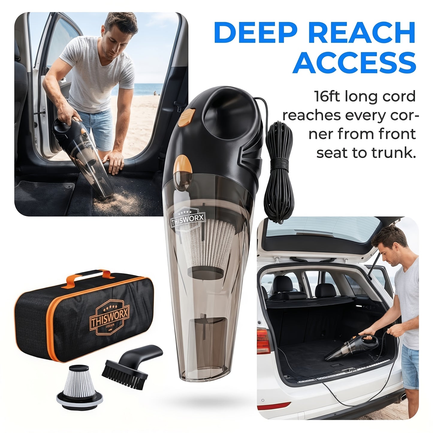 ThisWorx -like Portable Handheld Car Vacuum Cleaner with 4.88meter Cord (Car Plug Plug-In), 4.2KPa Suction, Crevice & Attachments - Mini Vacuum for, RV, Boats,, Travel - Compact Car Accessories Power Vacuum